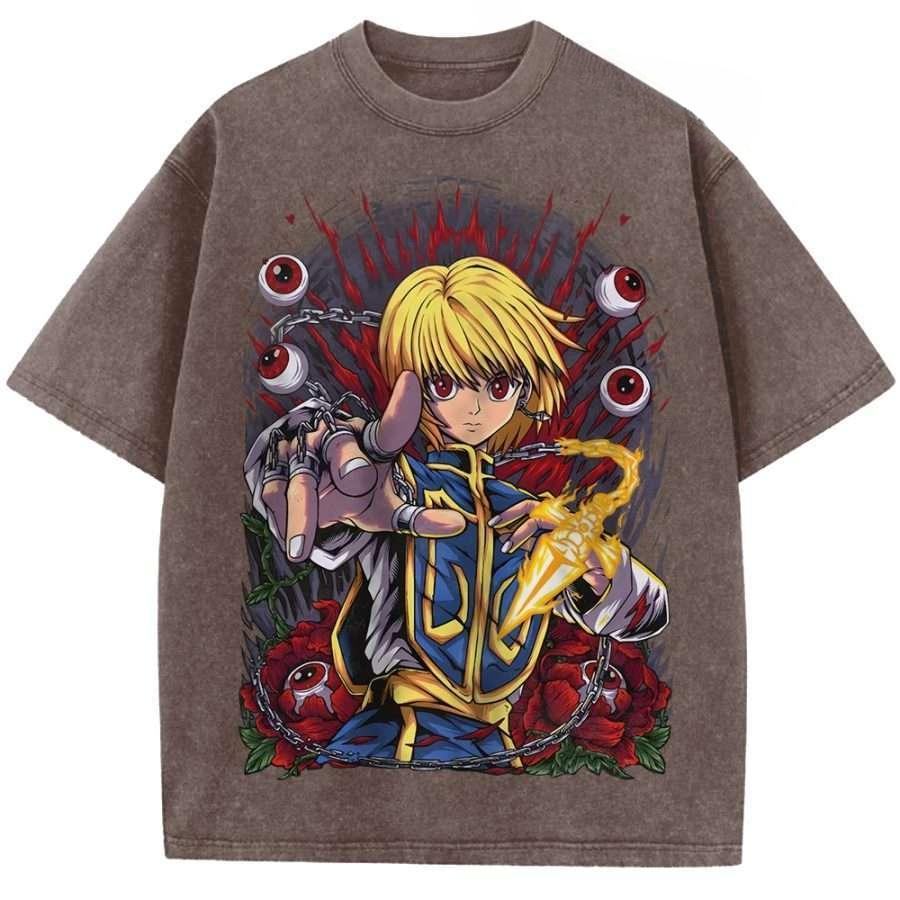 Anime Hunter x Hunter Kurapika Graphic T Shirt Men Short Sleeve Clothing Casual Cotton Tshirt Retro Washed T-shirt Harajuku Tops