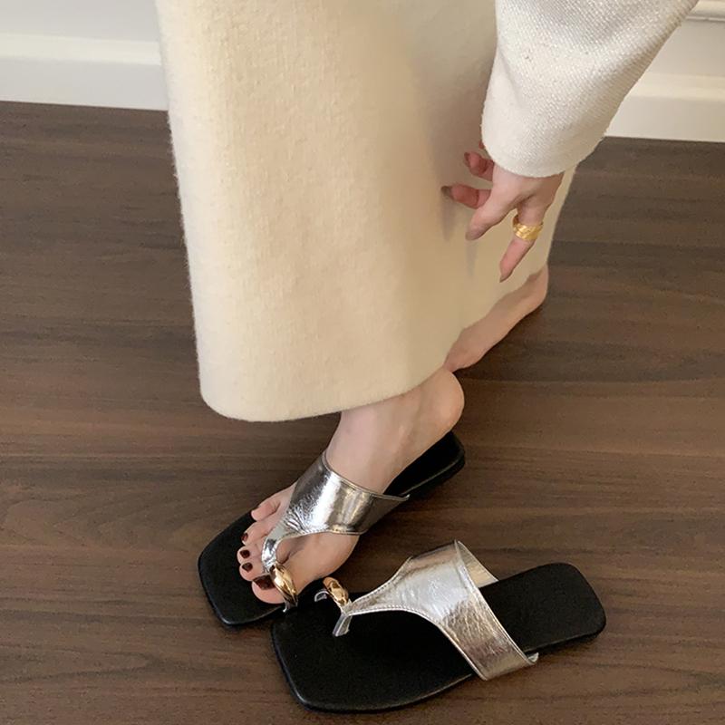 

Летние балетки женские тапочки модный металлический зажим носок слайд женские повседневные платье пляжные шлепанцы 35 серебряный