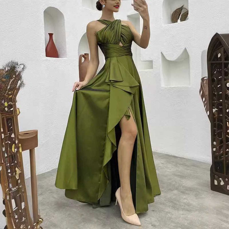 Irregular Long Dress European and American Sexy Sleeveless Pure Color Asymmetrical Maxi Dress Formal Dress for Women
