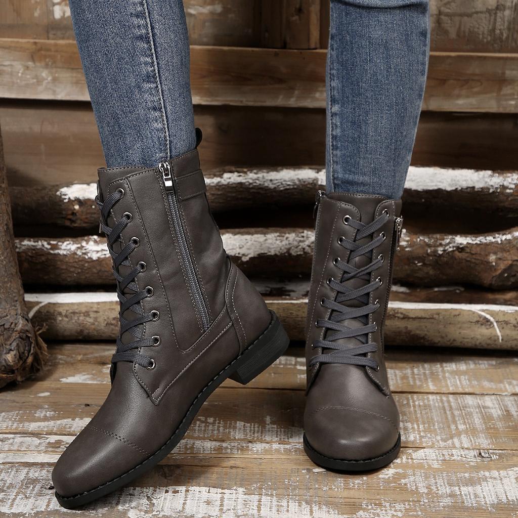 Velvet Boots with Round Toe, Low Heel, Side Zipper, Square Heel, Large Size, Midsole, Retro Knight Leather Boots for Women