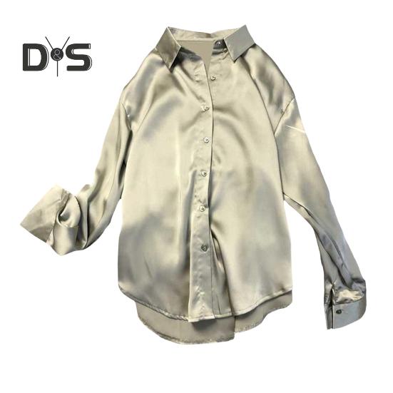 Damen-Hemd mit Revers, langärmelig, Pendler-Freizeithemd, einfarbig, lockere Passform, glattes Satin, Bürohemd für den Alltag