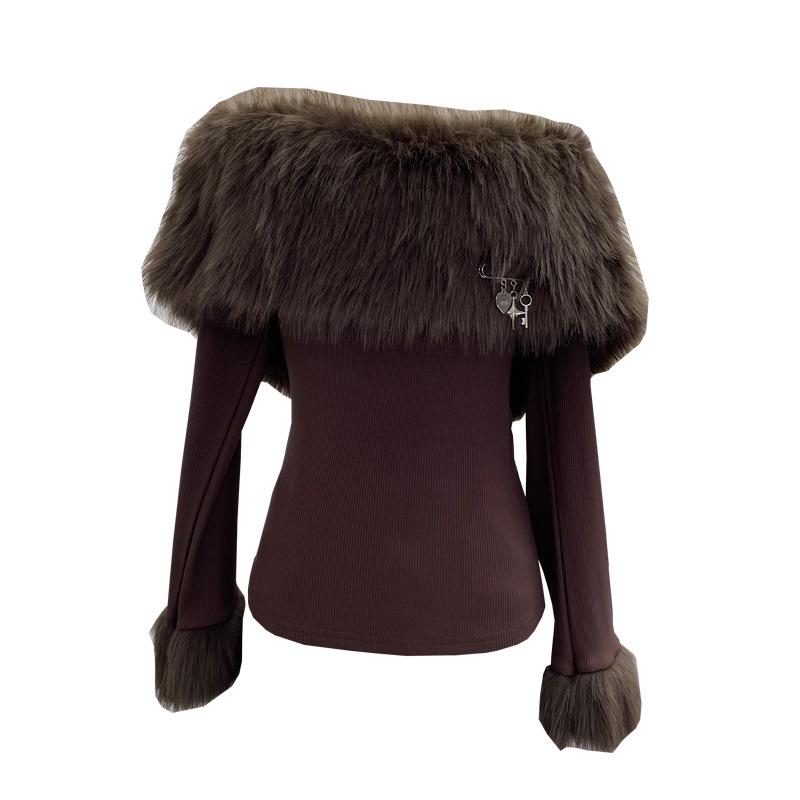 Chic One-Shoulder Fur Patchwork Long-Sleeve Top 1382