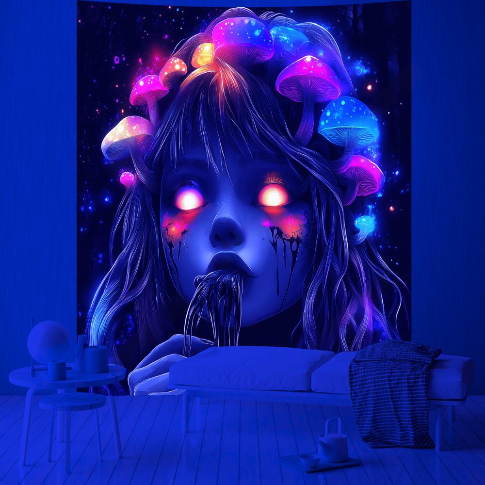 Heart Fluorescent Magic Mushroom Tapestry Tears Girl Illusion Colorful Fungus Halloween Party Dark Wind Room Decoration 100X70CM