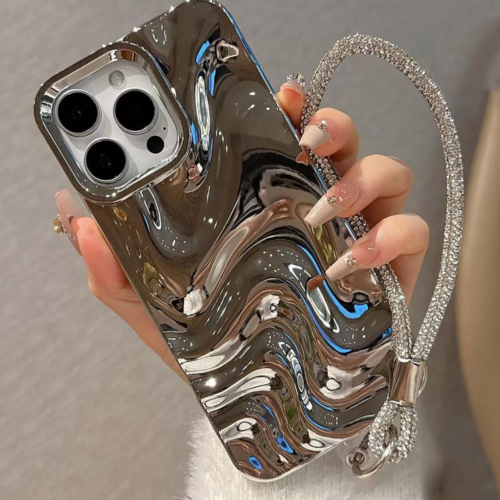 Silver Electroplated Wave Pattern iPhone 17 Pro Max Case Chain