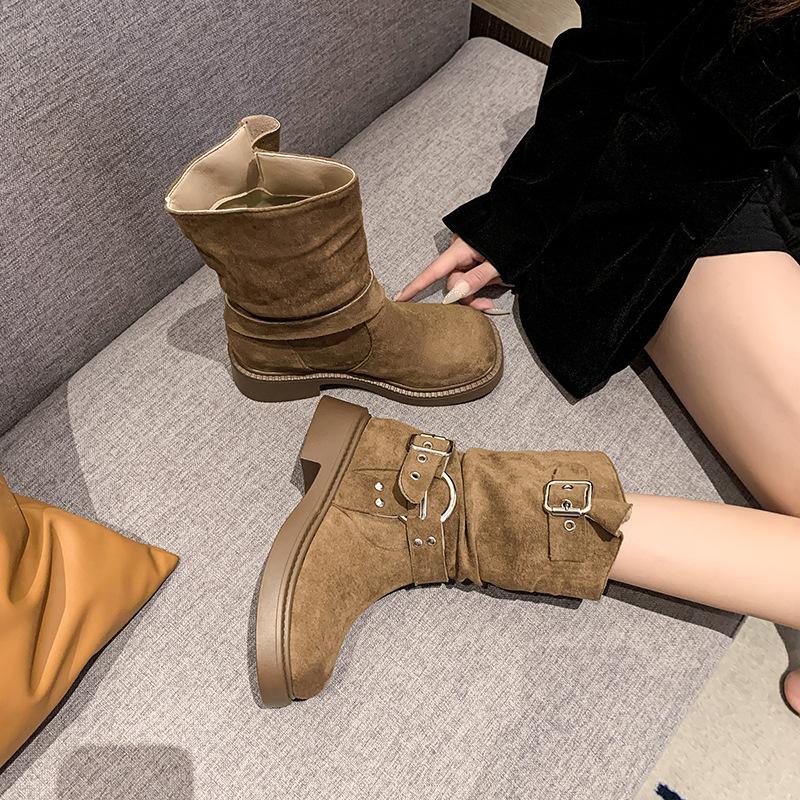Frosted cowhide western cowboy boots women's genuine leather thick heel short boots retro square head brown high heel wasteland wind boots