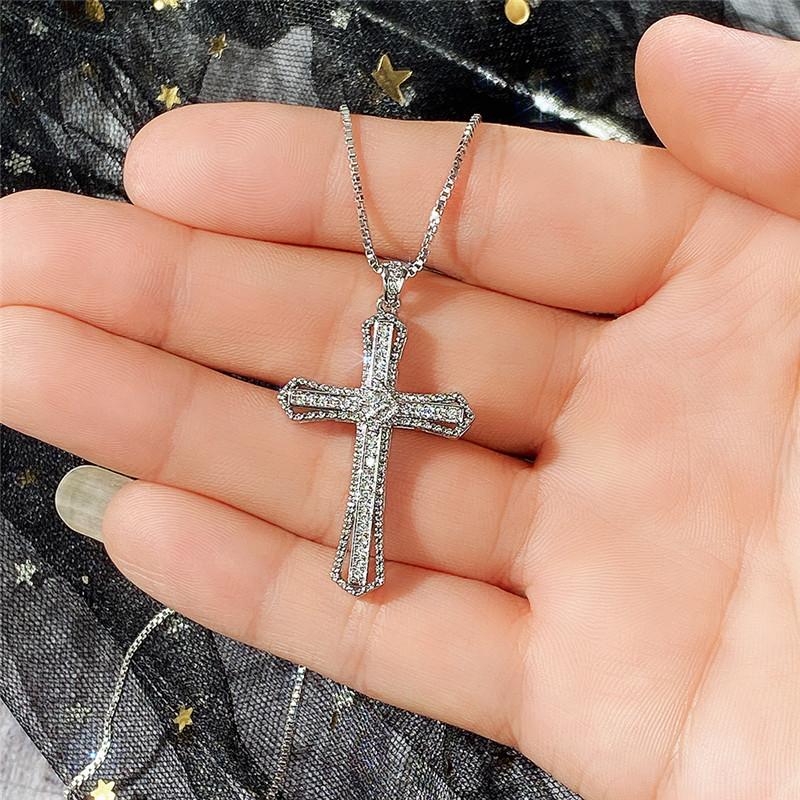 Shine Hip Hop Cross Necklace for Women with Dazzling White Stone Luxury Silver Color Cool Neck Accessories Party Fashion Jewelry