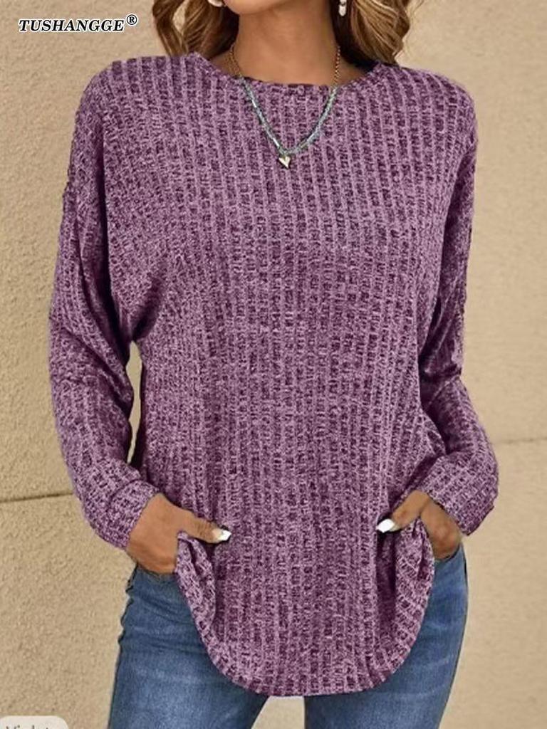 Maglione a Maglia Autunno Europeo 2025 - Girocollo, Costine, Manica Lunga, T-shirt Vestibilità Larga