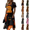 Women's Casual Halloween Print V Neck Short Sleeve Dress Midi Length Relaxed Fit Lightweight Fabric Comfortable Wear