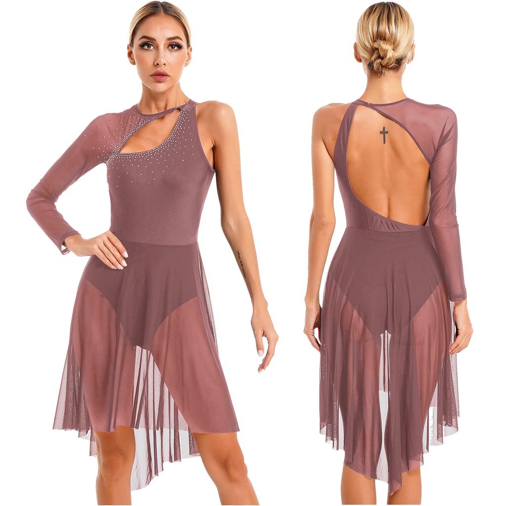Ranrann Abito Da Danza Lirica Monospalla - Body Leotard Con Gonna In Chiffon E Paillettes - Danza Moderna E Pattinaggio