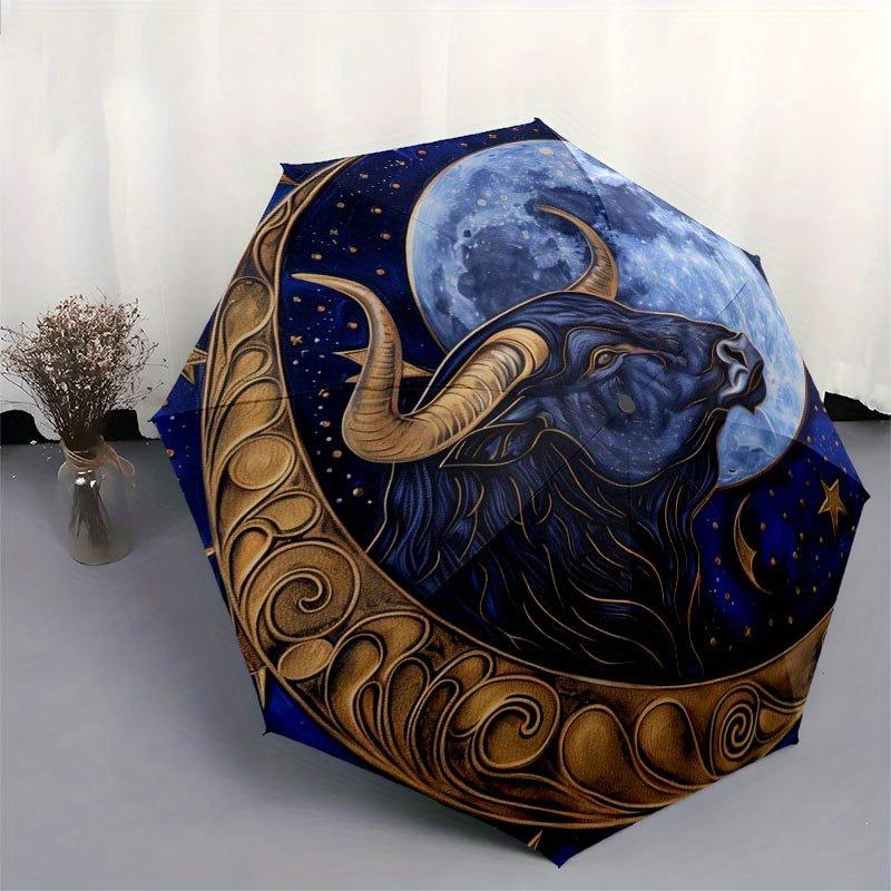 Golden Bull Moon Zodiac Art Print, Celestial DecorUmbrella with Cute Design, Portable 3-Fold Compact Umbrella for Men & Women, Valentine's Day Mother'