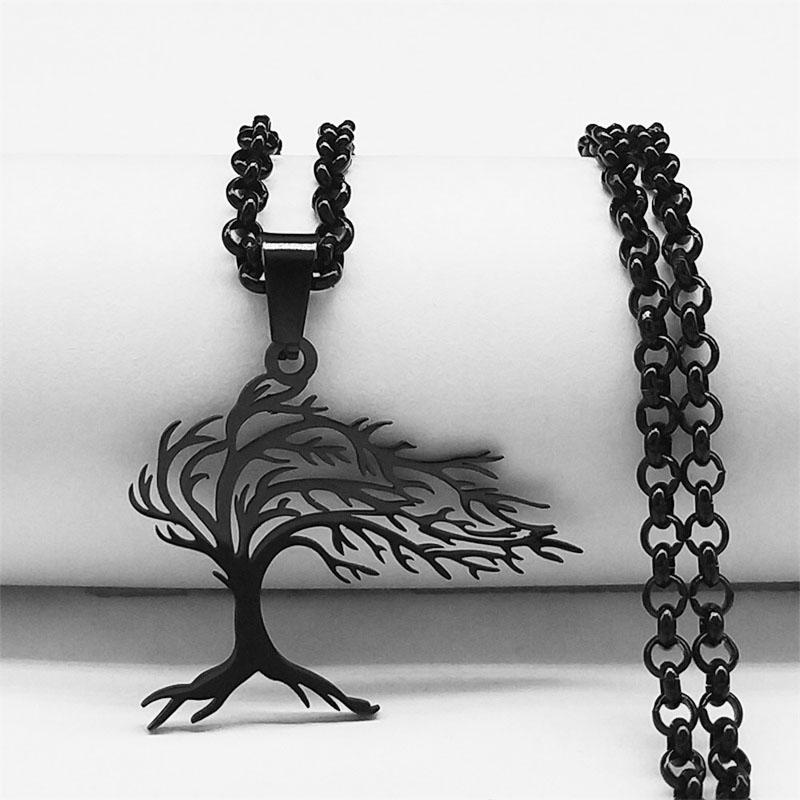 Tree of Life Stainless Steel Long Necklace for Men Black Color Necklaces & Pendants Jewelry cadenas para hombre N834S03