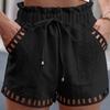 Cotton Linen Shorts Women's Pants Solid Color Thin Hollow Out Design Trim Pocket Tight Waist Shorts Beachwear White Clothes