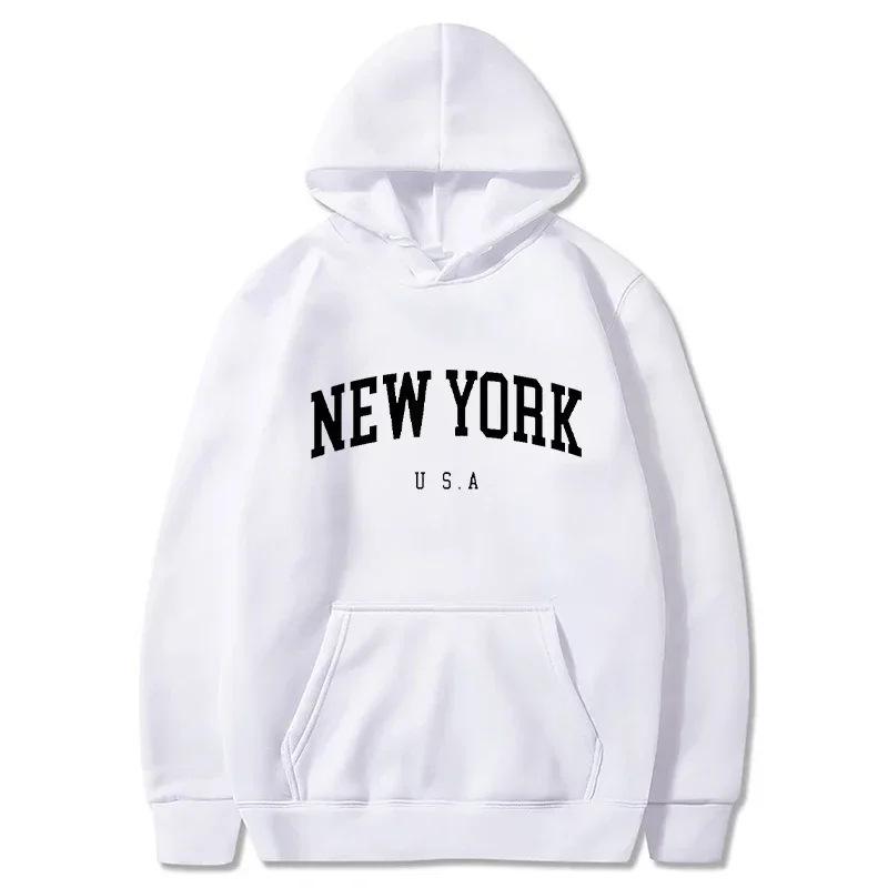 New York City Men s and Women s Hooded Fashion Letter Print Sweatshirt Loose Casual Hooded Pullover Sportswear S белый