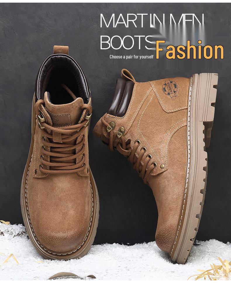 Men's High-Top Warm Genuine Leather Martin Boots - Yellow, Casual Outdoor Hiking & British Work Style for Autumn/Winter