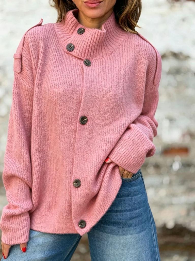 Dames Hoge Hals Asymmetrische Knopenlijst Geribbelde Gebreide Trui Losse Pasvorm Lange Mouw Top