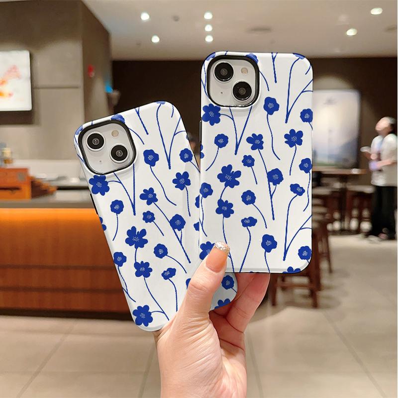 Clean Serene Indigo Blue Stem Floral Pattern Art Film Aesthetic Protective Shockproof Bumper Case Cover For iPhone 14 15 16 Pro Max Plus