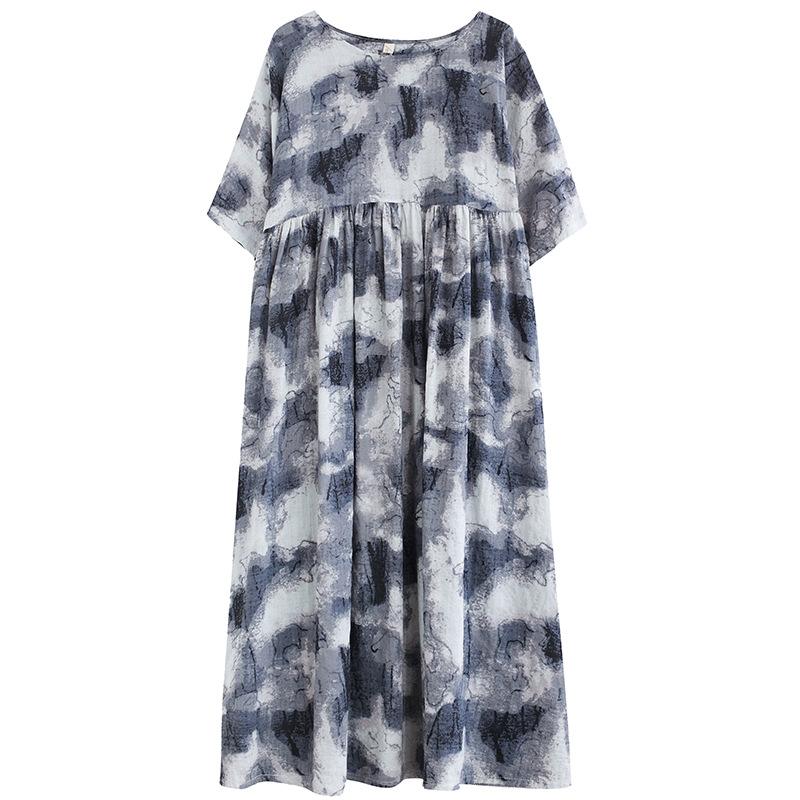 Summer New Loose Big Yards Retro Ethnic Style Cotton and Linen Ink Printing Short-sleeved Dress Women's Round Neck Long Skirt