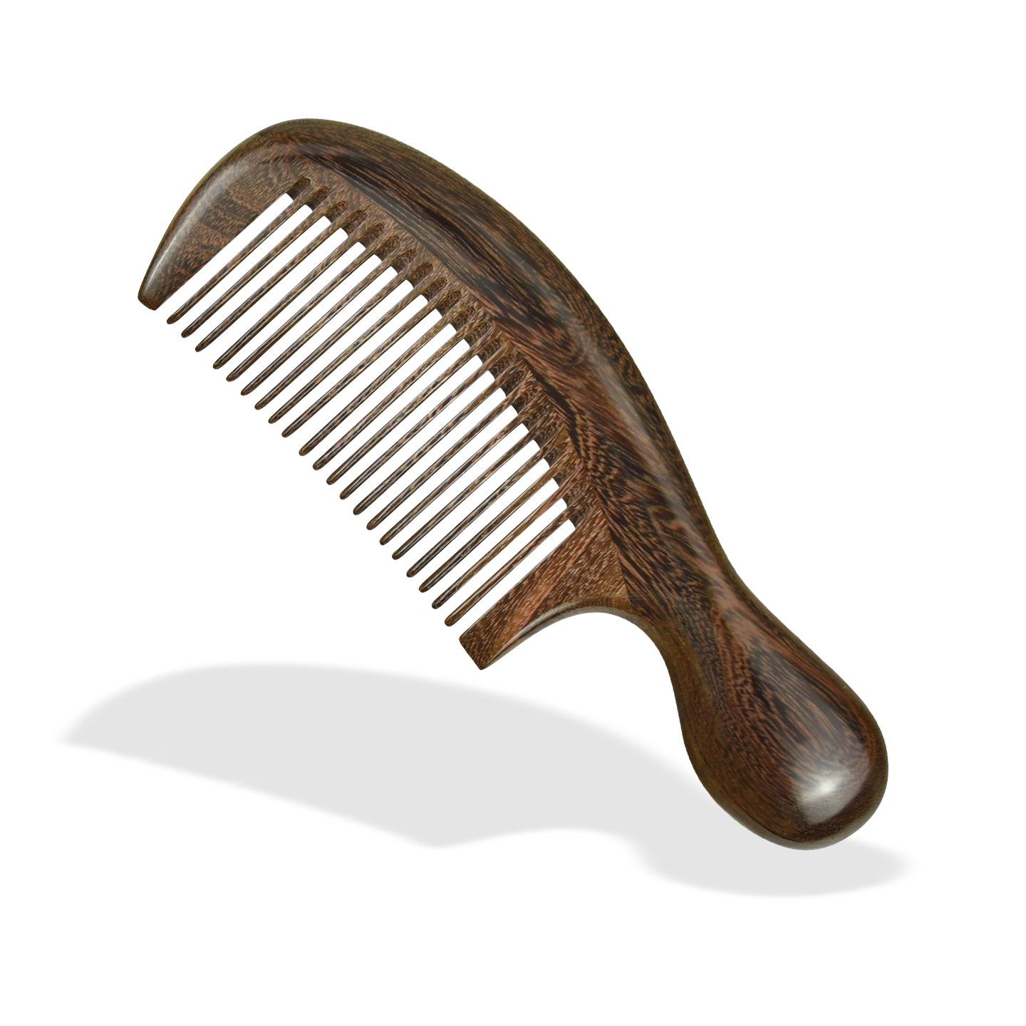 Gold-Thread Sandalwood Comb: Thick Handle, Coarse Teeth, Engraved for Curly Hair and Scalp Massage