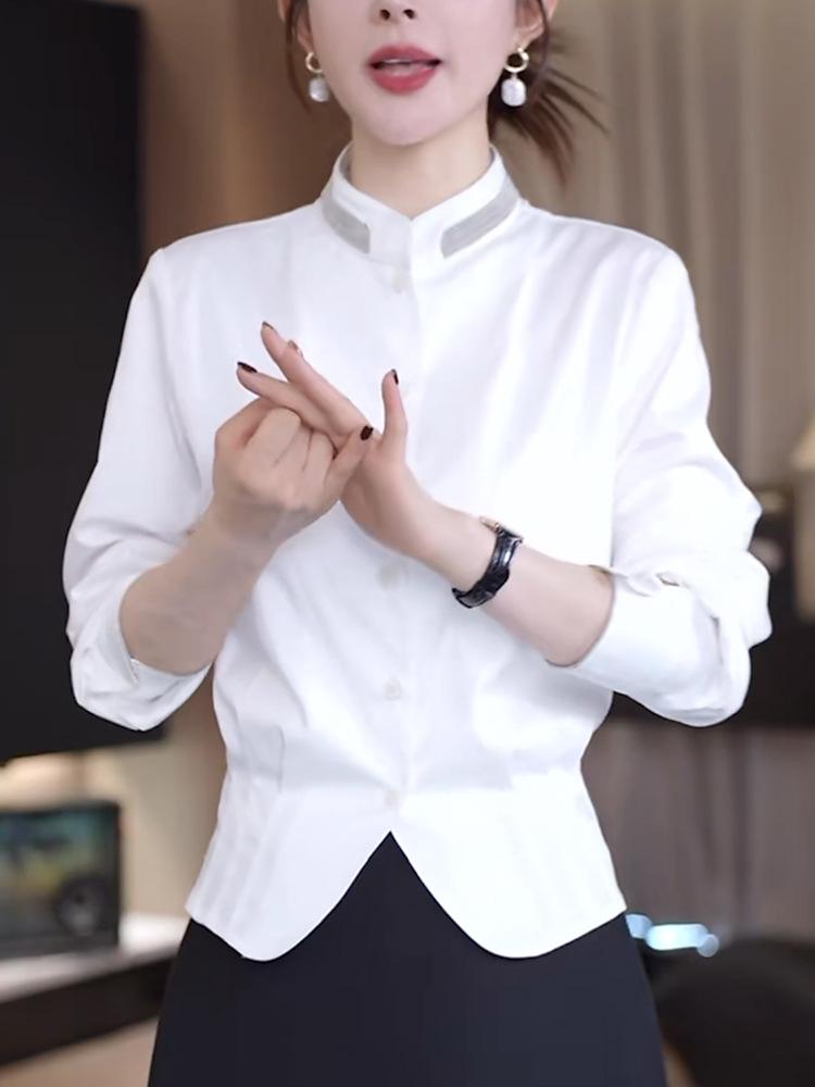 Women's 2025 Autumn White French Shirt: Elegant, Slimming, Waist-Cinching, Casual Stand-Up Collar Top