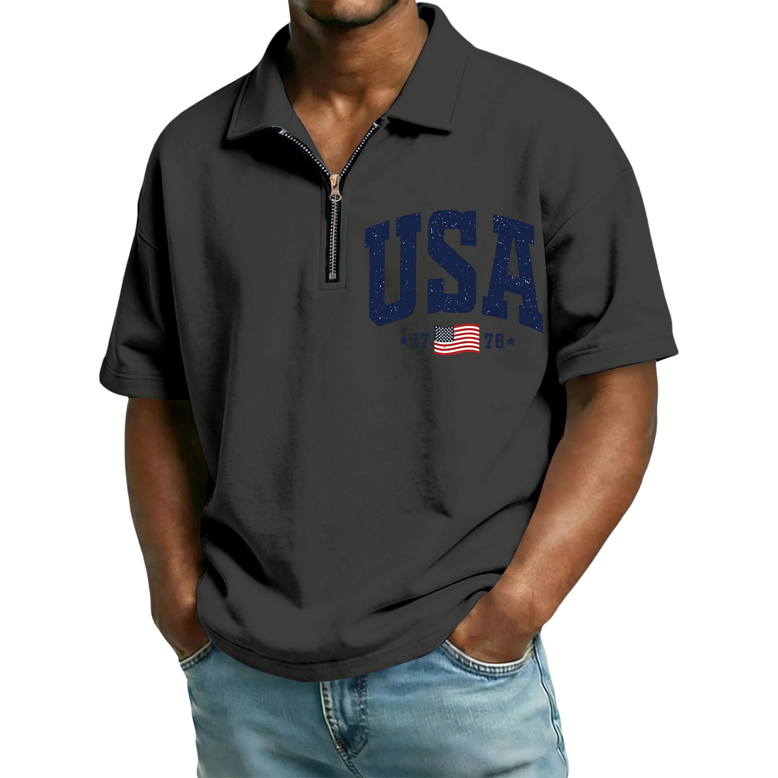 

Men’s Short Sleeve Polo Shirt with Half Zip Collar USA Letter Print and Flag Embroidery Casual Fit Top M кофейный