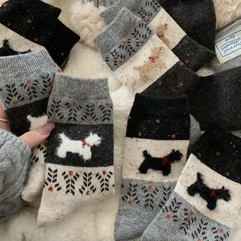 Female Autumn and Winter Style Plus Thick Velvet Warm Lovely Dog Wool Tube Socks