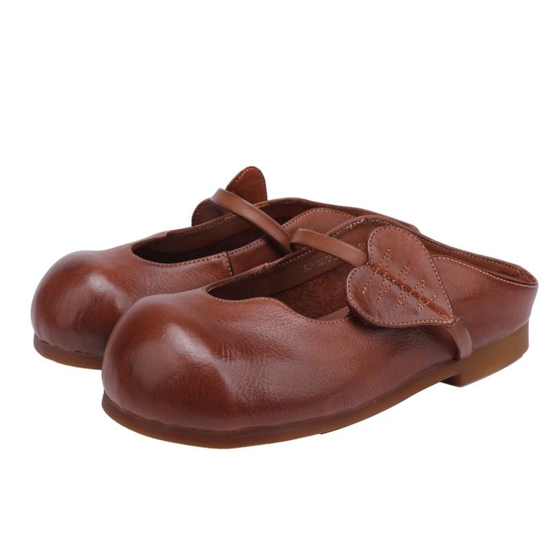 

Johnature Retro Genuine Leather Round Toe Summer Slippers Women s Shoes Outside Leisure Slip-on Sandals 38 темно-коричневого