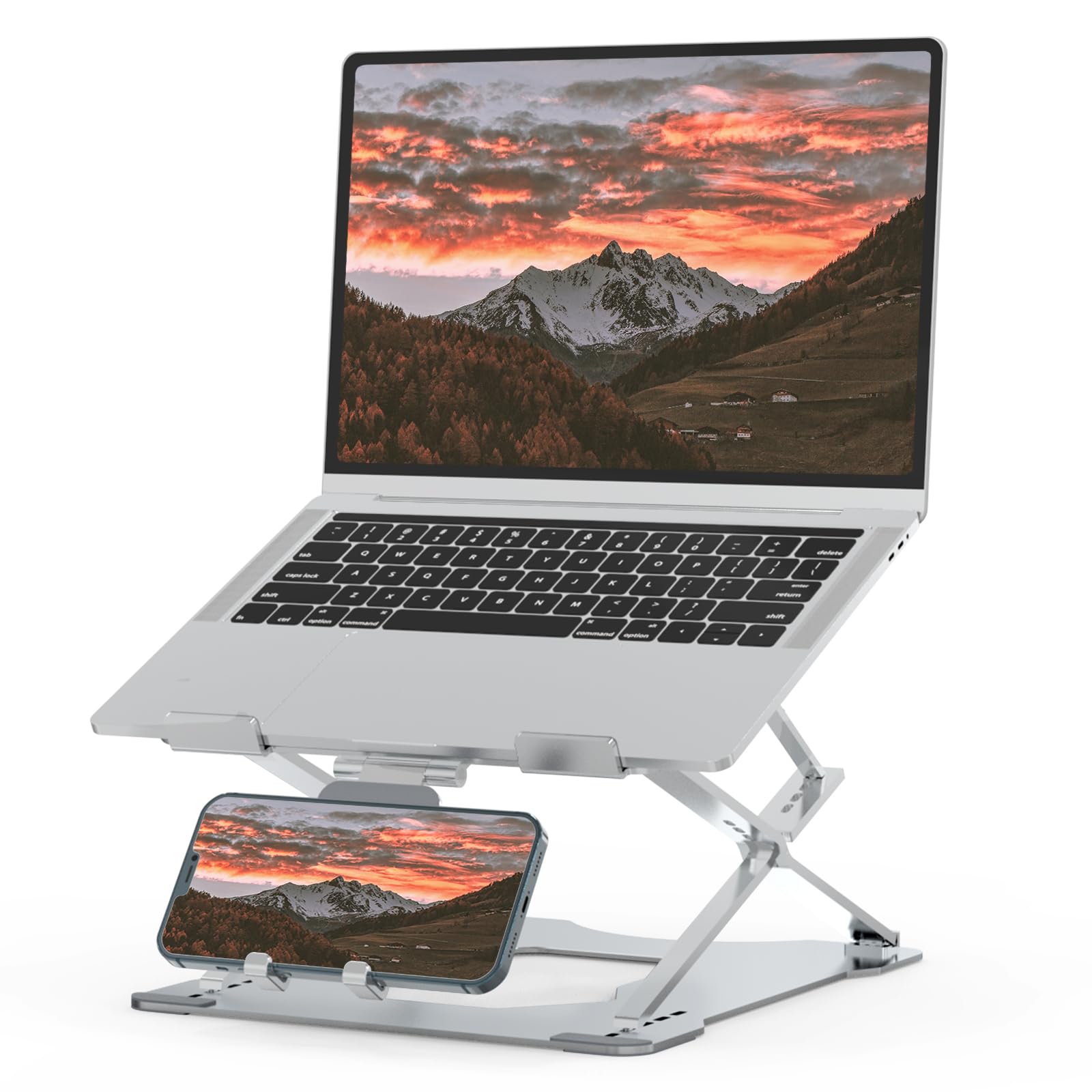 

Подставка для ноутбука с держателями для смартфонов и регулируемой высотой, улучшающая осанку и предотвращающая боли в шее, подходит для ноутбуков до 17 дюймов. Идеально для работы из дома и Zoom. Серебристый