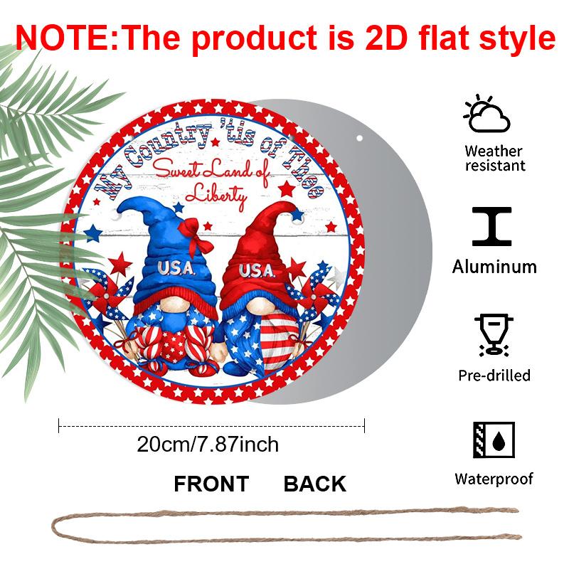 2D Flat Round Metal Sign: “My Country, This Sweet Land of Liberty” Patriotic Sign, 4th of July Sign, Red, White, and Blue Gnome for Home, Garden