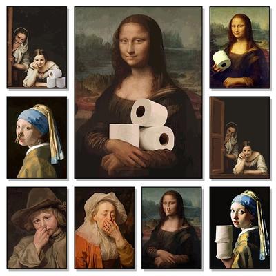 Funny Bathroom Toilet Decoration Painting Mona Lisa Wearing Pearls Girl with Roll Paper Canvas Prints Posters Home Wall Decor