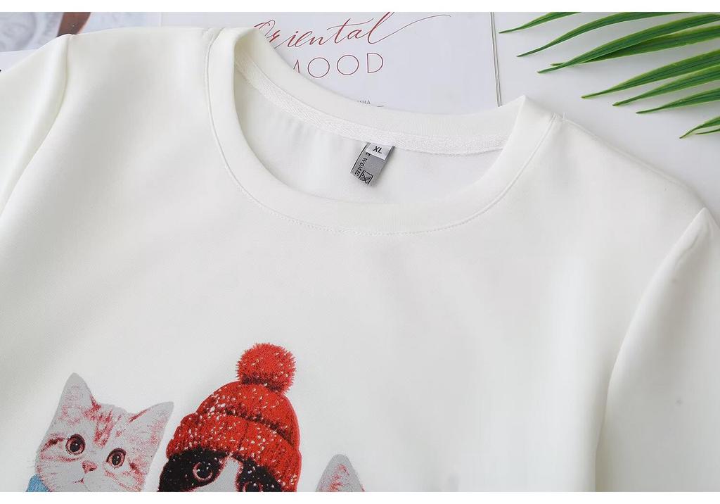 2026 Summer Korean Style Loose Fit Cartoon Cat Print Plus Size Pullover T-shirt for Women