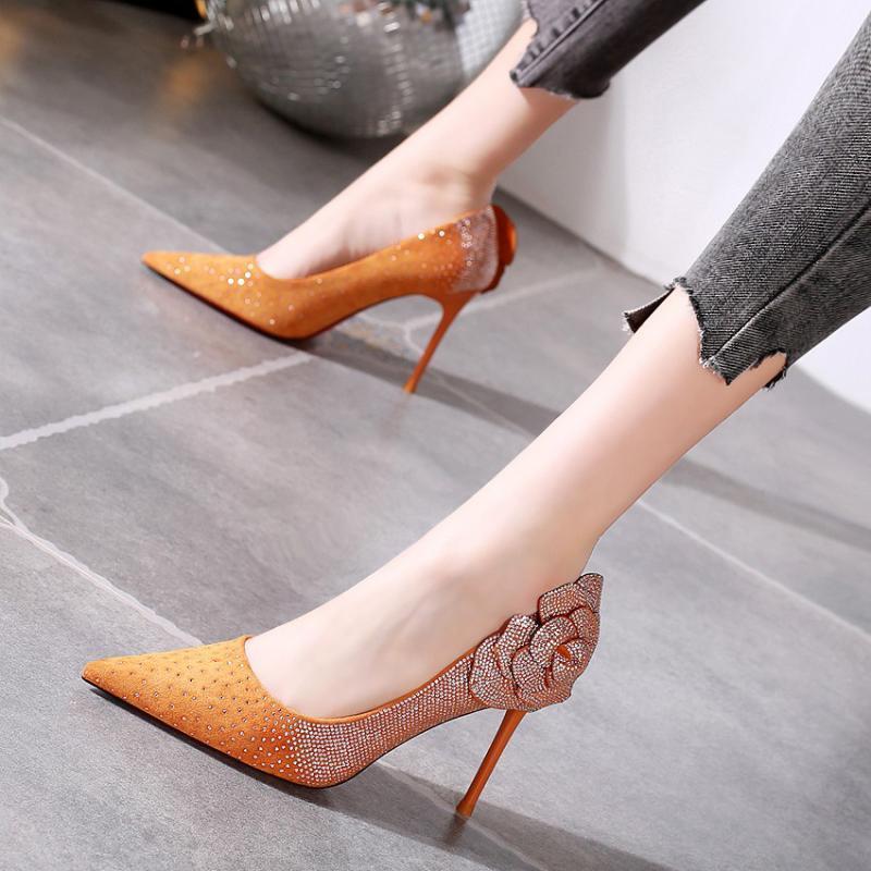 

Французский дизайнерский нишевый высокий каблук женский весна 2025 острый тонкий каблук нескользящие туфли-лодочки с цветком из страз 39