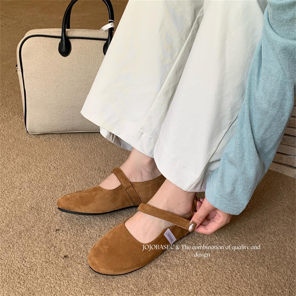 French retro suede ballet single shoes women's 2025 autumn new Korean version one-word strap flat Mary Jane women's shoes