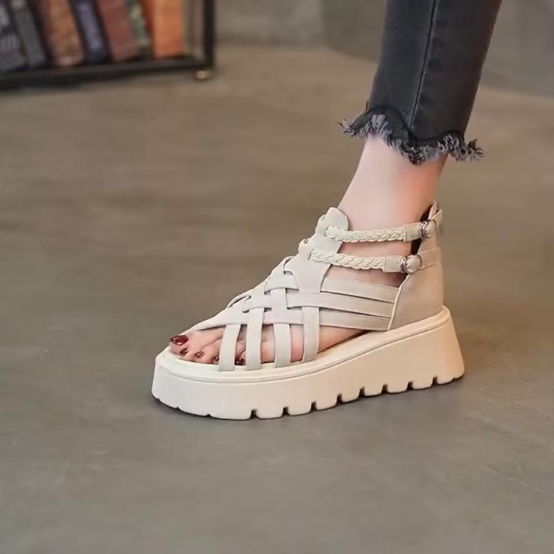 Fashion Thick Sandals Summer New Round Toe Cross Round Toe Shallow Mouth Open Toe Rear Zipper Non-Slip Kitten Heels