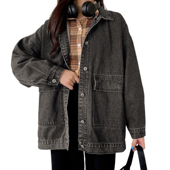 Damen Jeansjacke Retro Einreihig Locker Umlegekragen Lange Ärmel Einfarbig Taschen Übergröße Damenmantel Pendler Einkaufsjacke