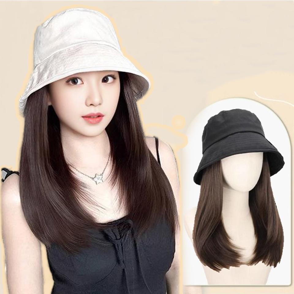 Black Fisherman's Hat Wig Hair Extensions Hat Wigs Synthetic Long Straight Clavicle Hair Warm Autumn Winter Cap Wig