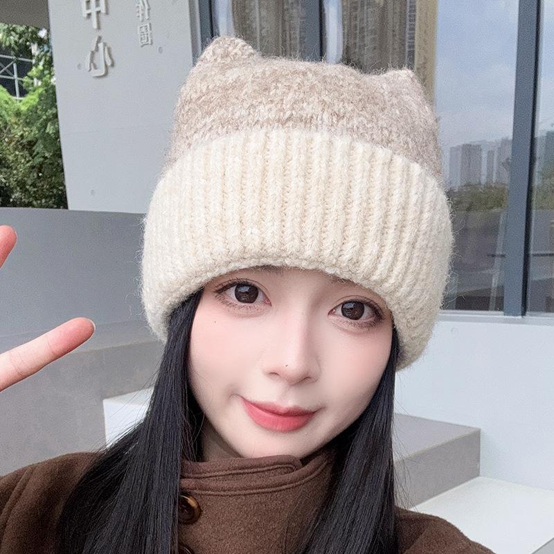 Cute Cat Ear Knitted Hats Big Head Girdles  Warm Woolen Hats That Show Off The Face  Small Pullover Hats  and The Cold Hat Trend In Autumn and Winter