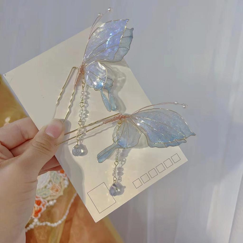 Glitter Butterfly Filigree Hair Stick Buyao for Girls Ancient Chinese Hairpin Traditional Hanbiuk Decorative Cosplay