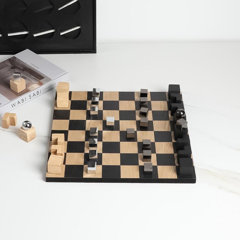Modern Solid Wood Chessboard Chess Ornaments Geometric Cube Handicrafts Chess Figurines Home Decoration Accessories