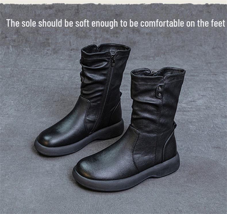 2024 Women's British Style Flat-Sole Velvet Mid-Length Martin Boots for Autumn and Winter