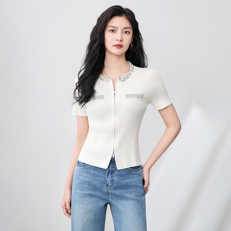 Heavy Industry Beaded Sequin Double Zipper Knit Cardigan - Short Sleeve Tencel