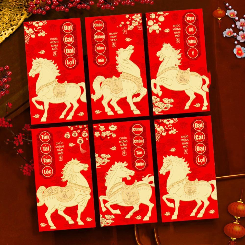 6pcs 2026 Horse Year Vietnamese Red Envelopes Traditional Chinese Style Lucky Money Envelopes Blessing Cartoon Red Packets