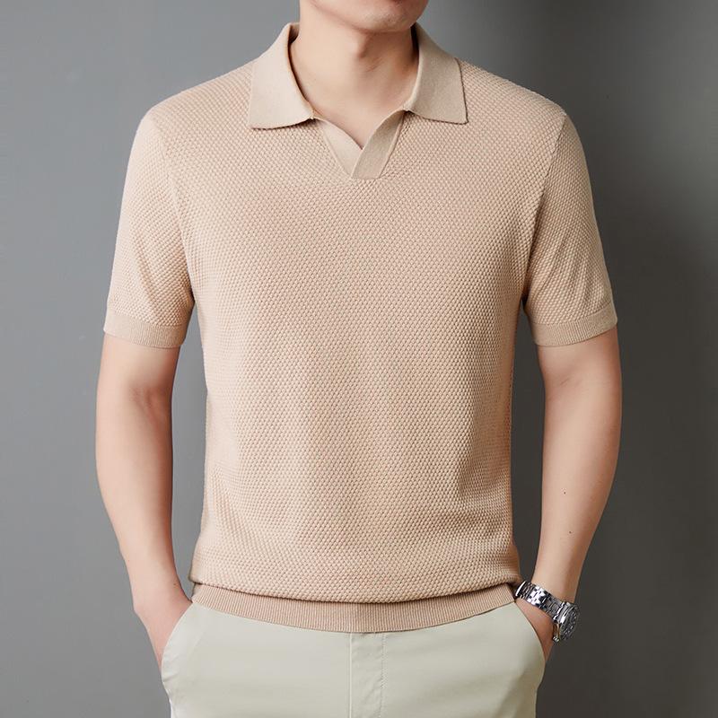 Mens Cotton V Neck Short Sleeve Casual Knit Polo Shirt