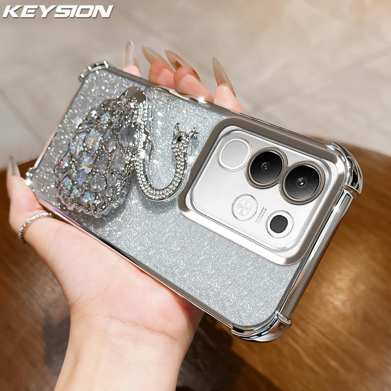KEYSION Shockproof Plating Phone Case for VIVO Y29 4G Clear Soft TPU Glitter Jewelled Swan Kickstand Back Cover for IQOO Z10X 5G