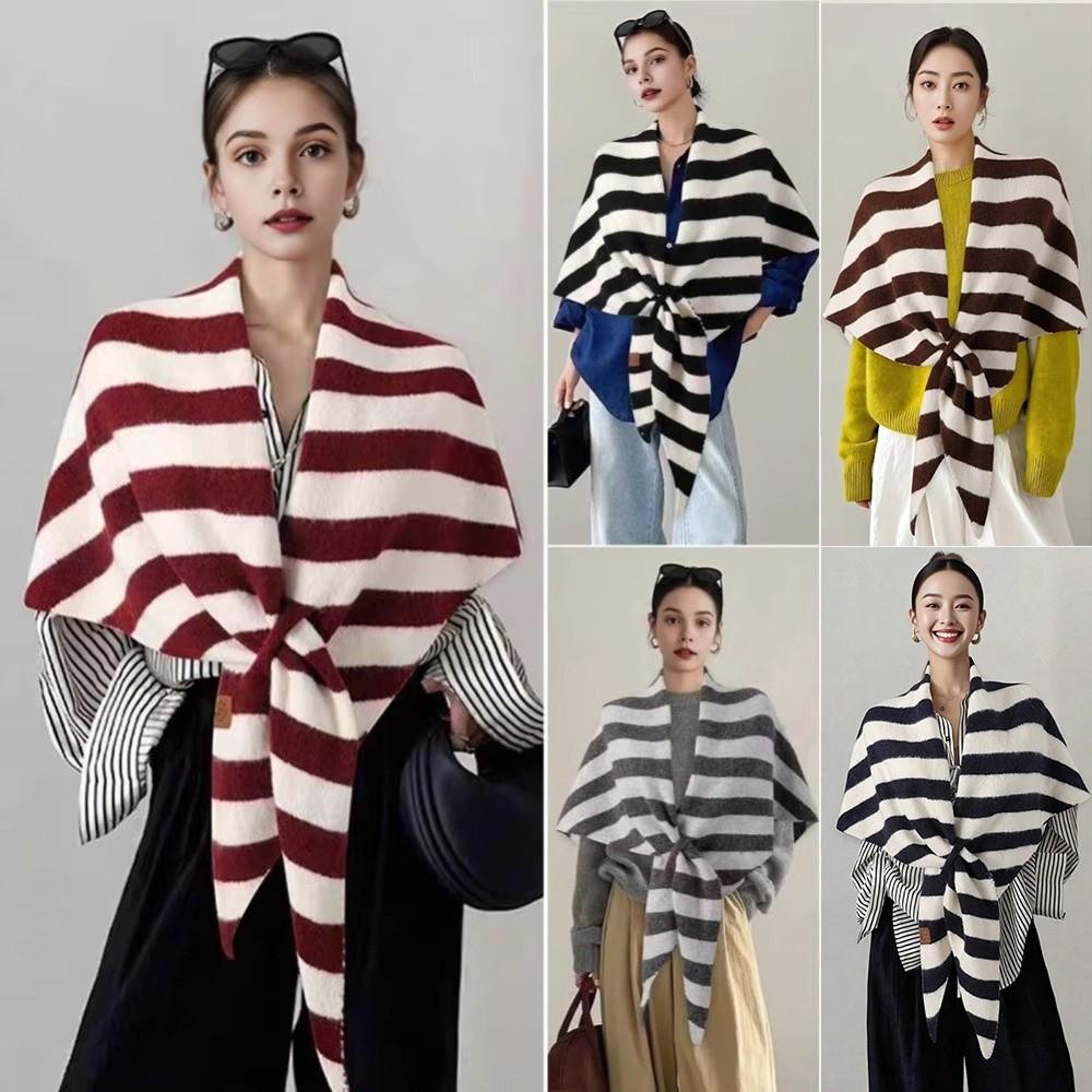 Wool Blended Women Shawl Striped Print Pashmina Wraps Elegant Triangle Scarf Fashion Accessory