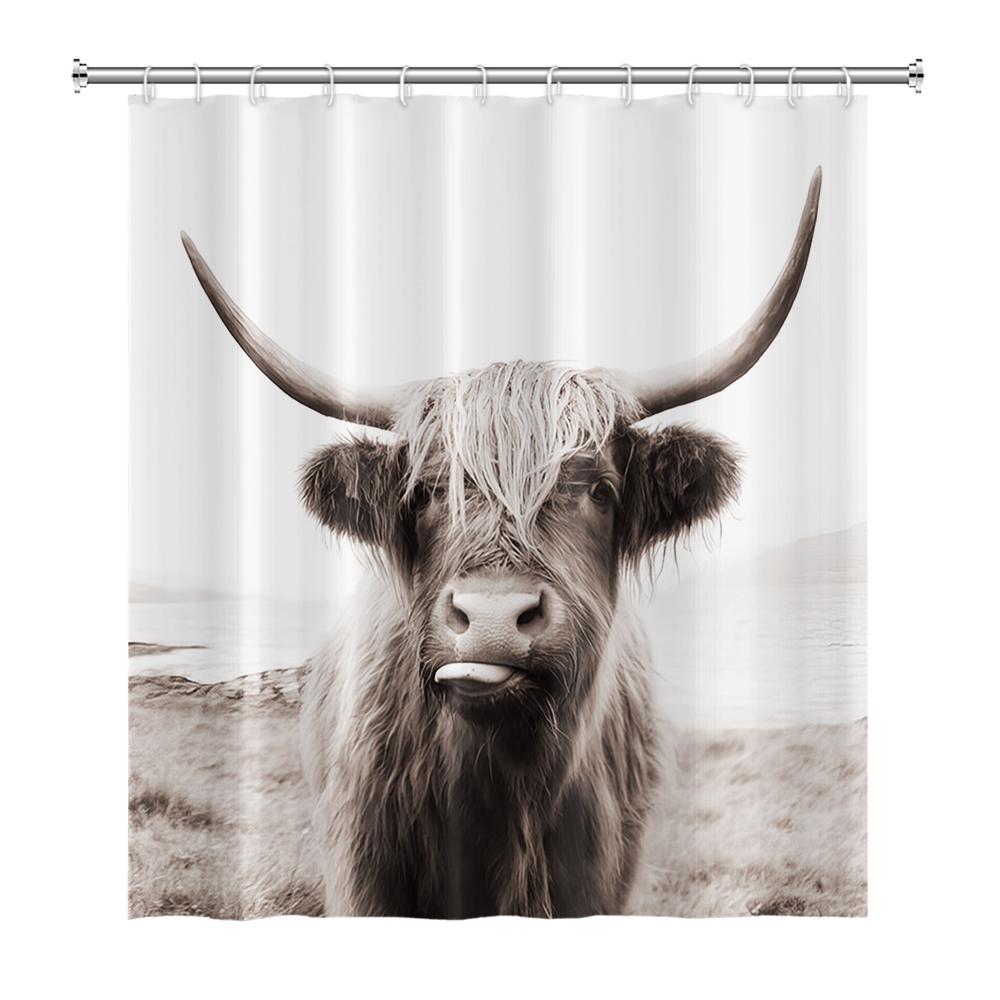 Farmhouse Highland Cow Shower Curtain With Hooks Funny Bull Cattle Bull Floral Decor Country Style Bothroom Curtain