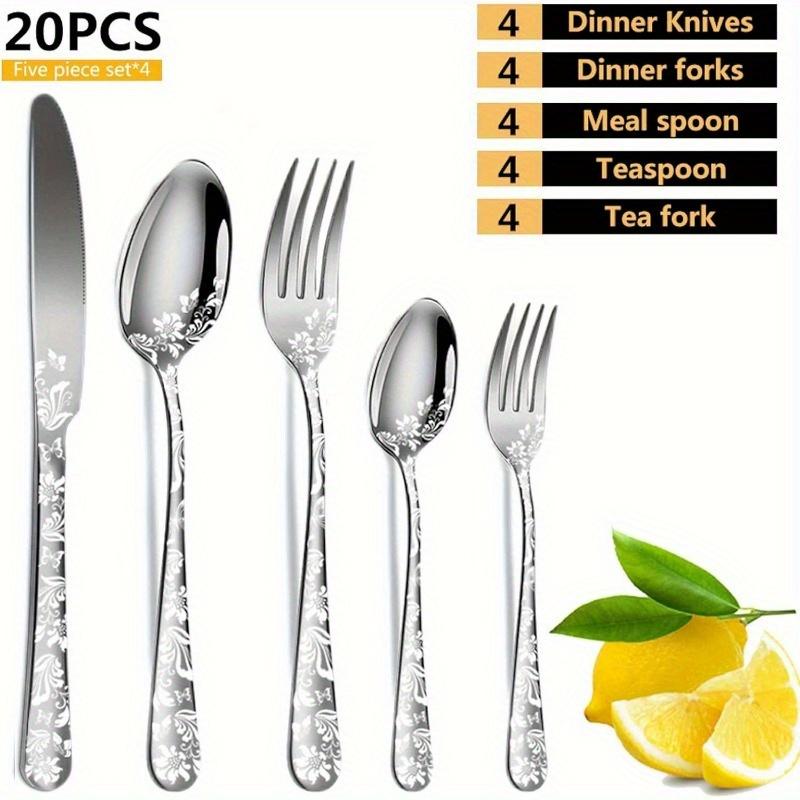 

Набор столовых приборов Western из 20 предметов из нержавеющей стали, прочные ручки с принтом, в комплект входят нож для стейка, вилка, ложка, идеально подходит для ресторана, вечеринки, набор столовых приборов серебряный