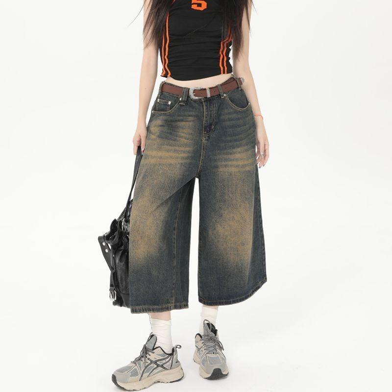 Womens Vintage Washed High-Waisted Wide-Leg Cropped Jeans S
