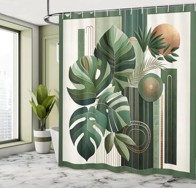 Green Shower Curtain, Abstract Jungle Theme Tropical Monstera Leaves with Mid Century Boho Details, Cloth Fabric Bathr