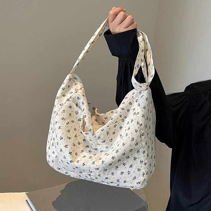 Floral Canvas Hand Washable Tote Bag for Women Large Capacity Zipper Closure Casual Shoulder Crossbody Bag CLE