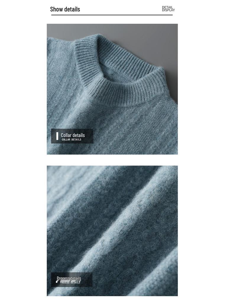 Men's Thick Half-High Collar Wool Sweater - Casual Loose Fit, 100% Pure Wool, Long Sleeve Pullover for Autumn & Winter
